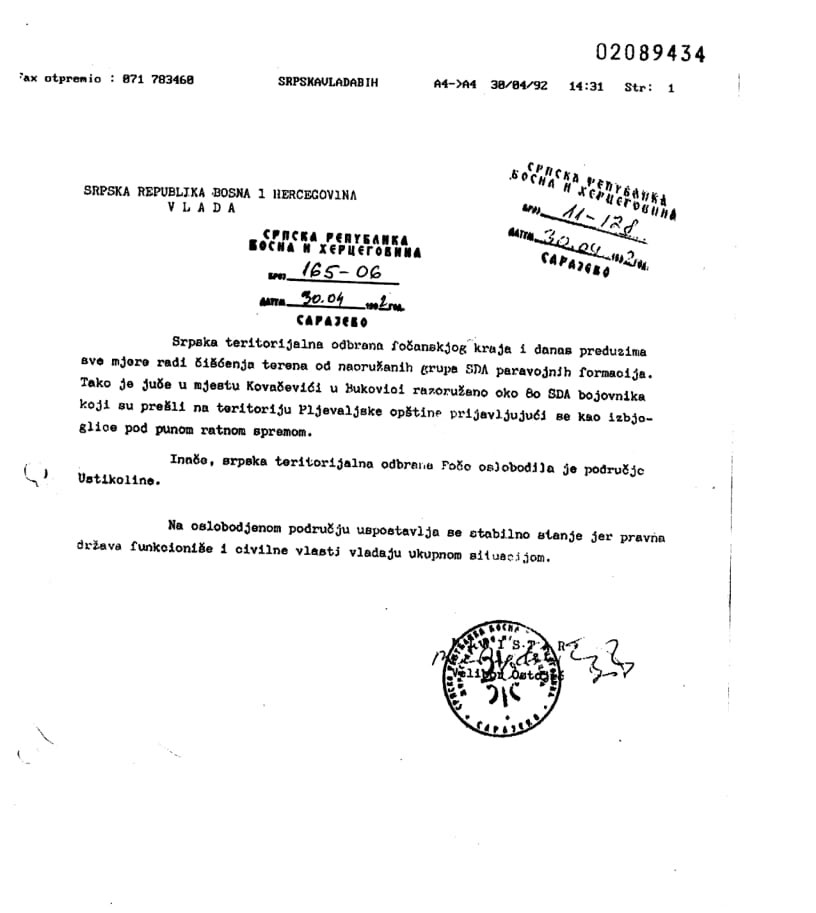Izveštaj kriznog štaba o „oslobođenju“ sela Ustikolina od 30. aprila 1992.
