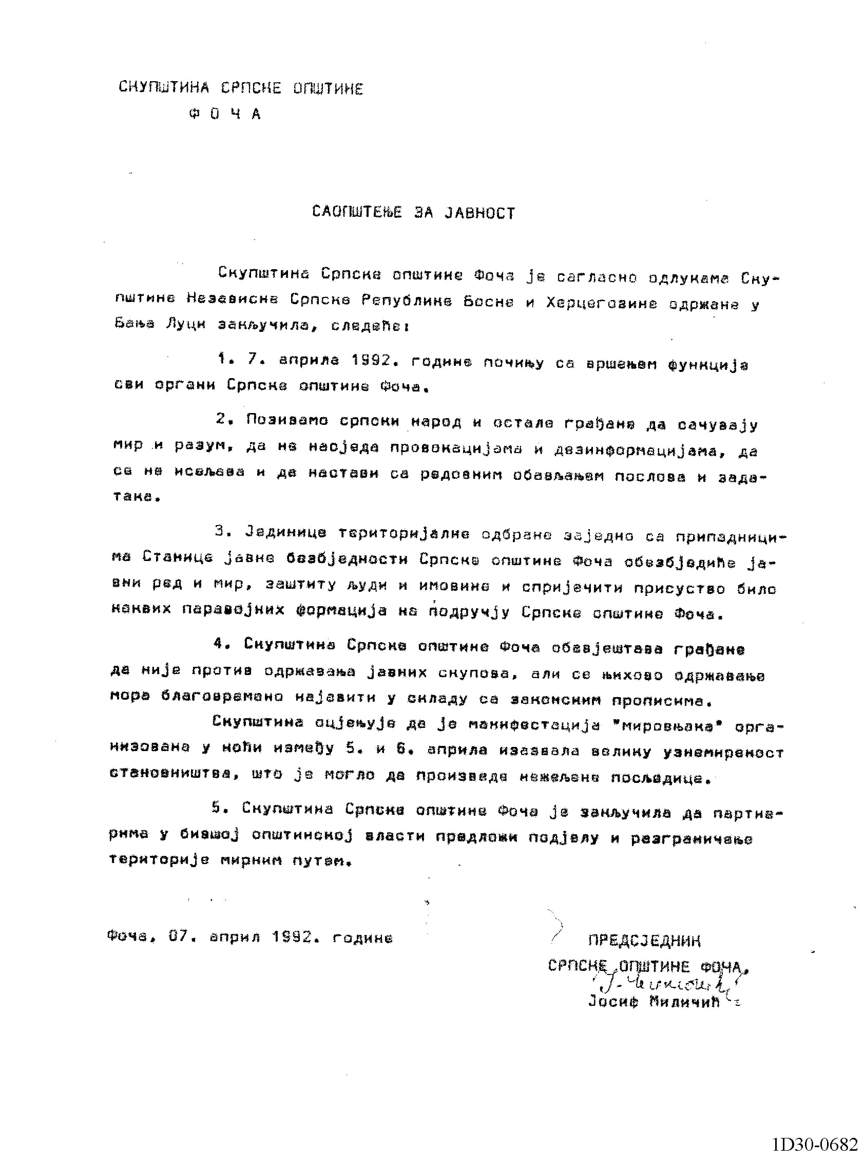 Saopštenje za javnost Skupštine opštine Foča od 7. aprila 1992.